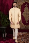 Sven suits_Gold Silk Hand Embroidery Geometric Sherwani And Pant Set _Online_at_Aza_Fashions