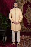 Shop_Sven suits_Gold Silk Hand Embroidery Geometric Sherwani And Pant Set _Online_at_Aza_Fashions