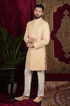 Sven suits_Gold Silk Hand Embroidery Geometric Sherwani And Pant Set _at_Aza_Fashions