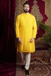 Sven suits_Yellow Faux Silk Embroidery Floral Vine Lazer Flower Pattern Bundi Kurta Set _Online_at_Aza_Fashions