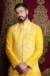 Buy_Sven suits_Yellow Faux Silk Embroidery Floral Vine Lazer Flower Pattern Bundi Kurta Set _Online_at_Aza_Fashions