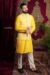 Shop_Sven suits_Yellow Faux Silk Embroidery Floral Vine Lazer Flower Pattern Bundi Kurta Set _Online_at_Aza_Fashions