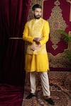 Buy_Sven suits_Yellow Faux Silk Embroidery Floral Vine Lazer Flower Pattern Bundi Kurta Set _at_Aza_Fashions