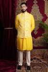 Buy_Sven suits_Yellow Faux Silk Embroidery Floral Vine Lazer Flower Pattern Bundi Kurta Set 