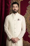 Sven suits_Cream Faux Silk Print Butti Miniature Motif Bundi Kurta Set _Online_at_Aza_Fashions