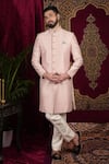 Buy_Sven suits_Pink Raw Silk Embroidered Thread Placement Sherwani With Pant _at_Aza_Fashions