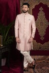 Shop_Sven suits_Pink Raw Silk Embroidered Thread Placement Sherwani With Pant _at_Aza_Fashions