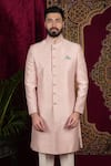 Buy_Sven suits_Pink Raw Silk Embroidered Thread Placement Sherwani With Pant _Online_at_Aza_Fashions