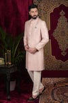 Sven suits_Pink Raw Silk Embroidered Thread Placement Sherwani With Pant _at_Aza_Fashions