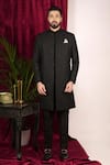 Sven suits_Black Silk Embroidered Thread Floral Vine Sherwani Set _Online_at_Aza_Fashions