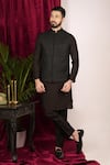 Shop_Sven suits_Black Silk Embroidered Thread Floral Vine Sherwani Set 