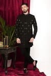 Buy_Sven suits_Black Polyester Stretch Embellished Bead Geometric Sherwani With Pant _at_Aza_Fashions