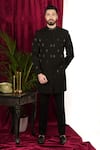 Sven suits_Black Polyester Stretch Embellished Bead Geometric Sherwani With Pant _Online_at_Aza_Fashions