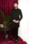 Sven suits_Black Polyester Stretch Embellished Bead Geometric Sherwani With Pant _at_Aza_Fashions