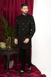 Shop_Sven suits_Black Polyester Stretch Embellished Bead Geometric Sherwani With Pant 