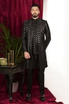 Sven suits_Black Silk Embroidered Thread Chevron Open Sherwani Set _Online_at_Aza_Fashions