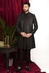 Buy_Sven suits_Black Silk Embroidered Thread Chevron Open Sherwani Set _Online_at_Aza_Fashions