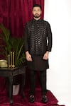 Sven suits_Black Silk Embroidered Thread Chevron Open Sherwani Set _at_Aza_Fashions