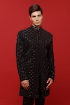 Shop_Sven suits_Black Polyester Viscose Stretch Embroidered Floral Jaali Sherwani With Pant _Online_at_Aza_Fashions