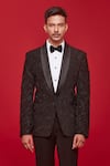 Sven suits_Black Polyester Viscose Embroidered Thread Wavy Checkered Tuxedo Set _Online_at_Aza_Fashions