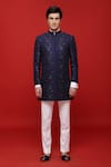 Shop_Sven suits_Blue Silk Embellished Floral Pattern Sherwani Set _at_Aza_Fashions