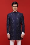 Sven suits_Blue Silk Embellished Floral Pattern Sherwani Set _Online_at_Aza_Fashions