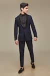 Sven suits_Blue Terry Rayon Stretch Quilted Solid Tuxedo Set With Shirt _at_Aza_Fashions