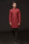 Buy_Sven suits_Red Faux Silk Embroidered Thread Floral Scallop Sherwani With Pant _at_Aza_Fashions