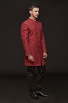 Shop_Sven suits_Red Faux Silk Embroidered Thread Floral Scallop Sherwani With Pant _at_Aza_Fashions