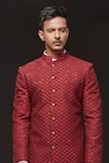 Sven suits_Red Faux Silk Embroidered Thread Floral Scallop Sherwani With Pant _Online_at_Aza_Fashions