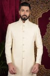 Sven suits_Cream Faux Silk Embroidery Thread Geometric Sherwani Set _Online_at_Aza_Fashions