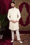 Buy_Sven suits_Cream Faux Silk Embroidery Thread Geometric Sherwani Set _Online_at_Aza_Fashions