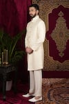 Shop_Sven suits_Cream Faux Silk Embroidery Thread Geometric Sherwani Set _Online_at_Aza_Fashions