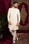 Buy_Sven suits_Cream Faux Silk Embroidery Thread Geometric Sherwani Set _at_Aza_Fashions