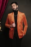 Sven suits_Orange Velvet Plain Shawl Collar Tuxedo Set _at_Aza_Fashions