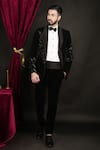 Sven suits_Black Velvet Embroidery Cutdana Tuxedo Set _at_Aza_Fashions