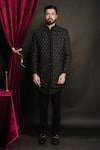 Sven suits_Black Polyester Viscose Embroidery Cutdana Jacket And Waistcoat Set _Online_at_Aza_Fashions