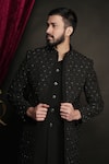 Sven suits_Black Polyester Viscose Embroidery Cutdana Jacket And Waistcoat Set _at_Aza_Fashions