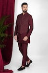 Sven suits_Wine Faux Silk Embroidery Cutdana Waistcoat Set _Online_at_Aza_Fashions