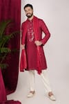 Shop_Sven suits_Red Faux Silk Embroidery Mirror Work Kurta Set _Online_at_Aza_Fashions