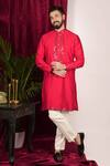 Sven suits_Red Faux Tussar Embroidery Mirror Placket Kurta Set _Online_at_Aza_Fashions