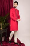 Buy_Sven suits_Red Faux Tussar Embroidery Mirror Placket Kurta Set _Online_at_Aza_Fashions