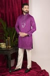 Shop_Sven suits_Purple Faux Tussar Embroidery Mirror Geometric Placket Kurta Set _Online_at_Aza_Fashions