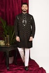 Sven suits_Black Faux Silk Embroidery Mirror Geometric Hand Kurta Set _Online_at_Aza_Fashions