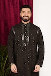 Buy_Sven suits_Black Faux Silk Embroidery Mirror Geometric Hand Kurta Set _Online_at_Aza_Fashions