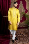 Buy_Sven suits_Yellow Faux Silk Embroidery Thread Paisley Kurta Set _Online_at_Aza_Fashions