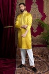 Shop_Sven suits_Yellow Faux Silk Embroidery Thread Paisley Kurta Set _Online_at_Aza_Fashions