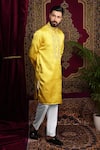 Sven suits_Yellow Faux Silk Embroidery Thread Paisley Kurta Set _at_Aza_Fashions