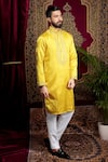 Buy_Sven suits_Yellow Faux Silk Embroidery Thread Paisley Kurta Set 