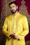 Shop_Sven suits_Yellow Faux Silk Embroidery Thread Paisley Kurta Set 